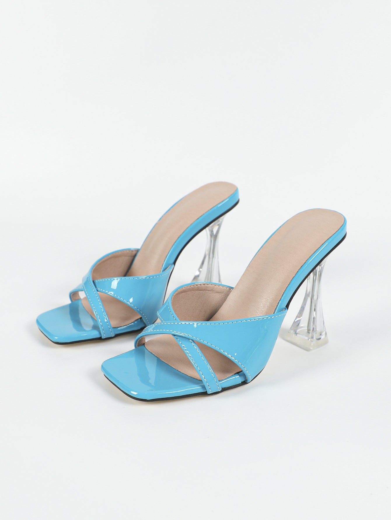 High Heels Open Toe Square Toe Slippers with Transparent Crystal Heel | noémi