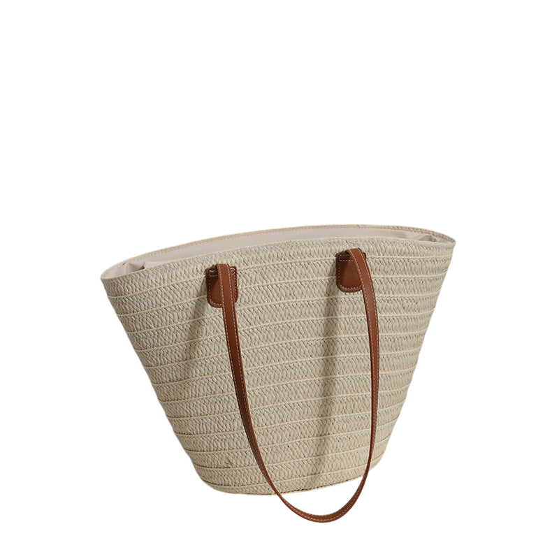 Large-Capacity Straw Shoulder Tote Bag – Hand-Woven Brown, Beach Ready | noémi