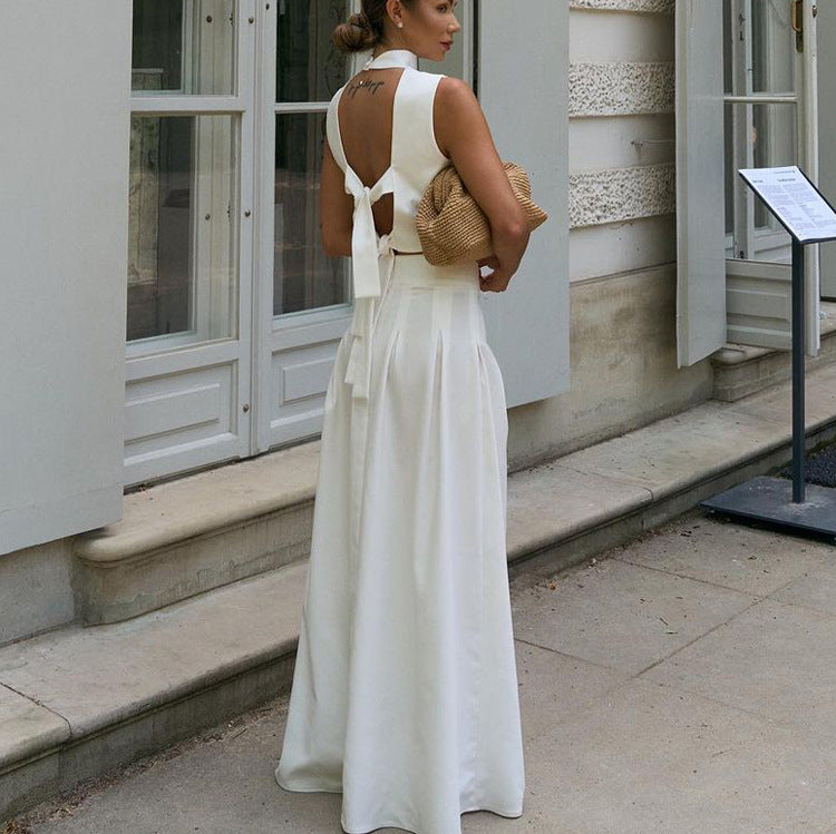 White Halter Crop Top & Pleated Maxi Skirt | Two Piece Set, Backless, Tie Back | noémi