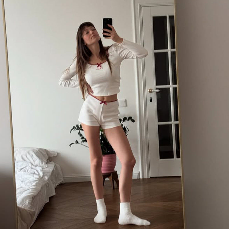 Two Piece Set | Bow Accent Ribbed Crop Top & Shorts | noémi