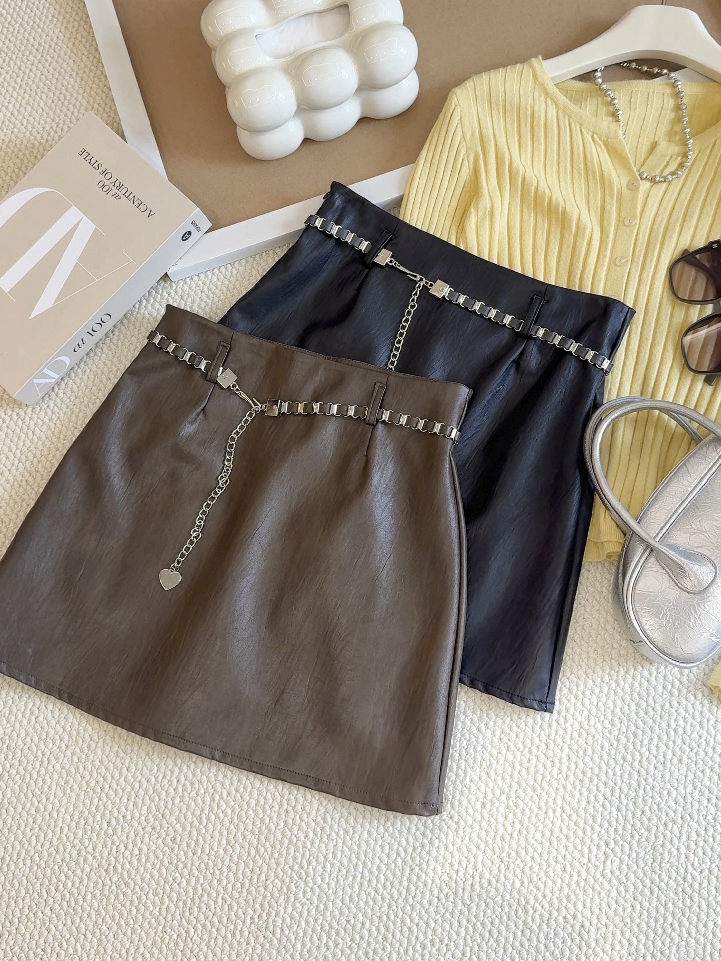 Faux Leather A Line Mini Skirt | Slim Fit, Chain Detail, Anti Exposure | noémi