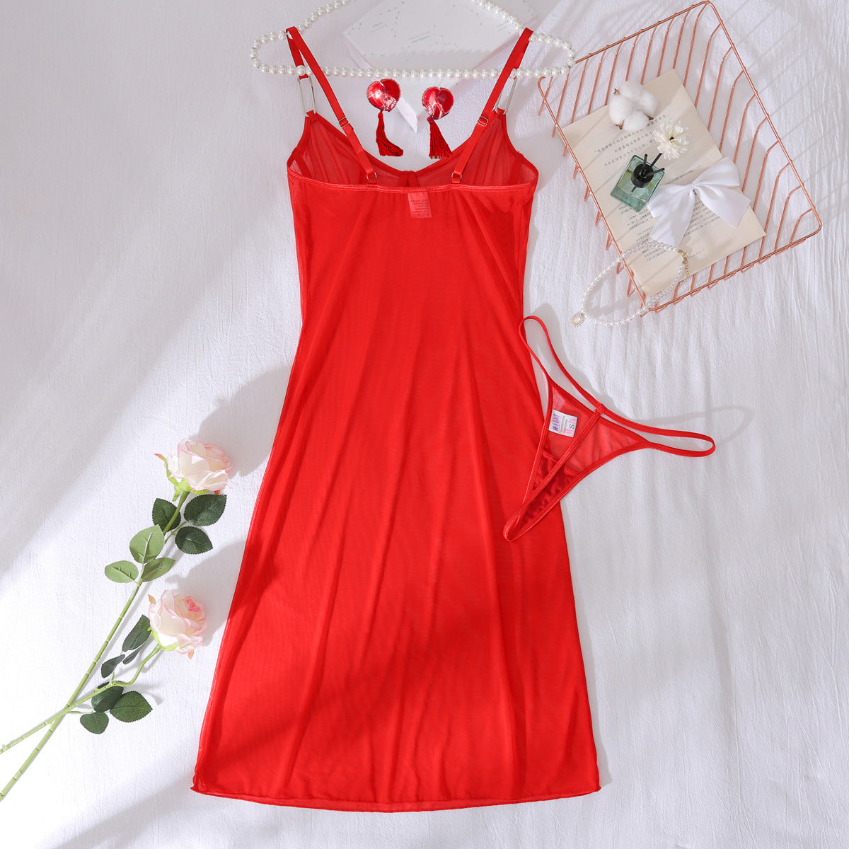 Womens Red Mesh Nightdress with Chest Patch Body Shaping and Steel Ring Details | noémi