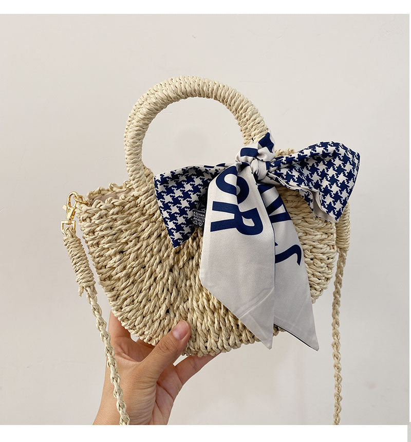 Straw Crossbody Bag with Plaid Scarf | Stylish Woven Summer Beach Bag | noémi