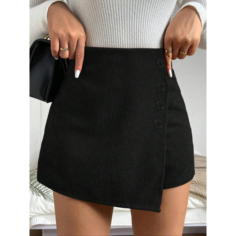 High Waisted Corduroy Skort | Black Wrap Mini with Button Detail | noémi