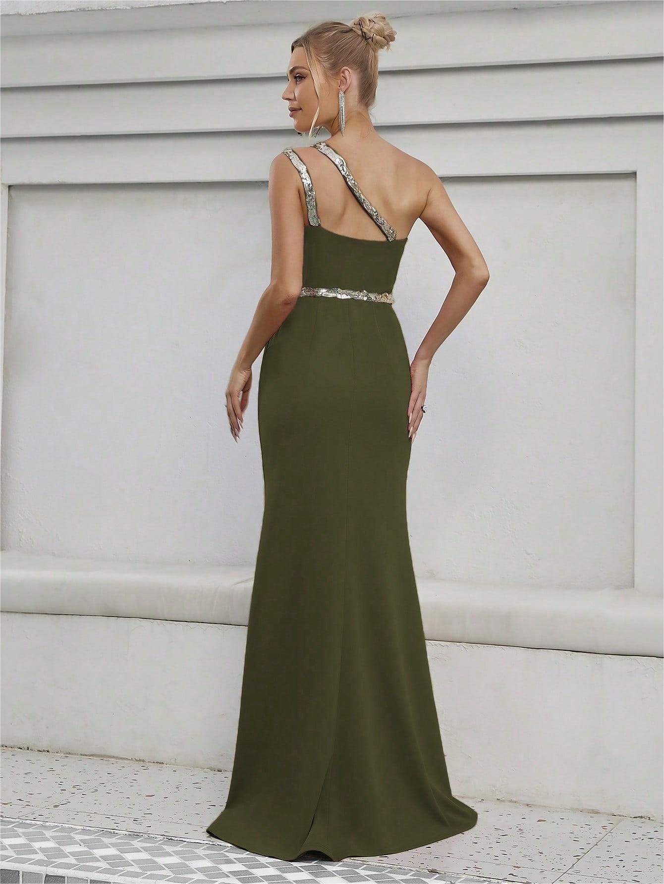 One Shoulder Slit Evening Dress | Metallic Waist Detail | noémi