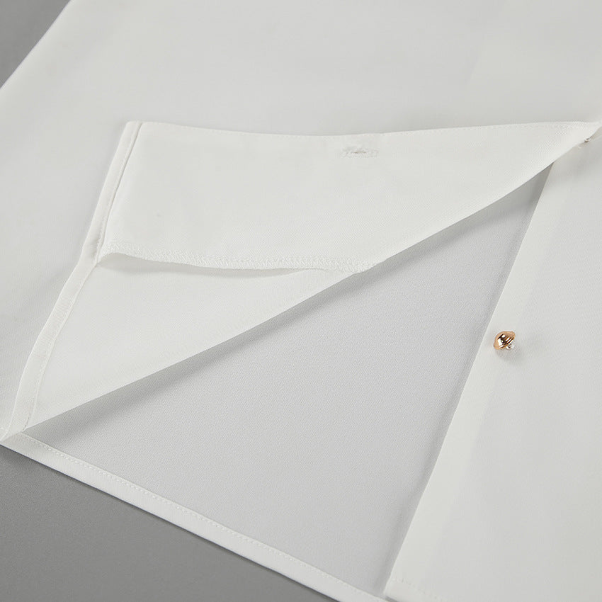 White Collared Slim Fit Long Sleeve Chiffon Shirt with Hollow Out Cutouts for Women | noémi