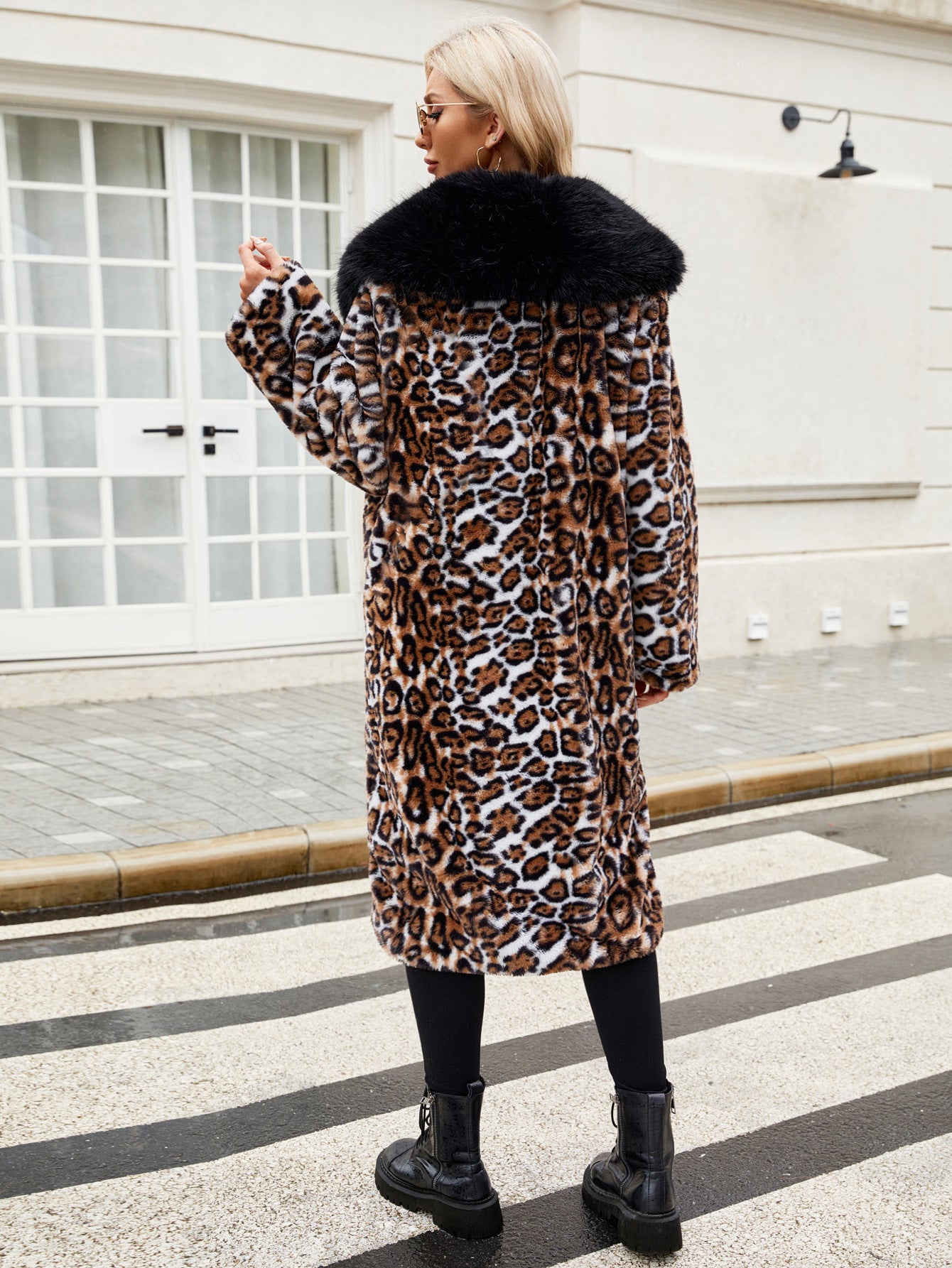 Womens Faux Fur Leopard Coat | Longline Winter Jacket with Oversized Collar | noémi