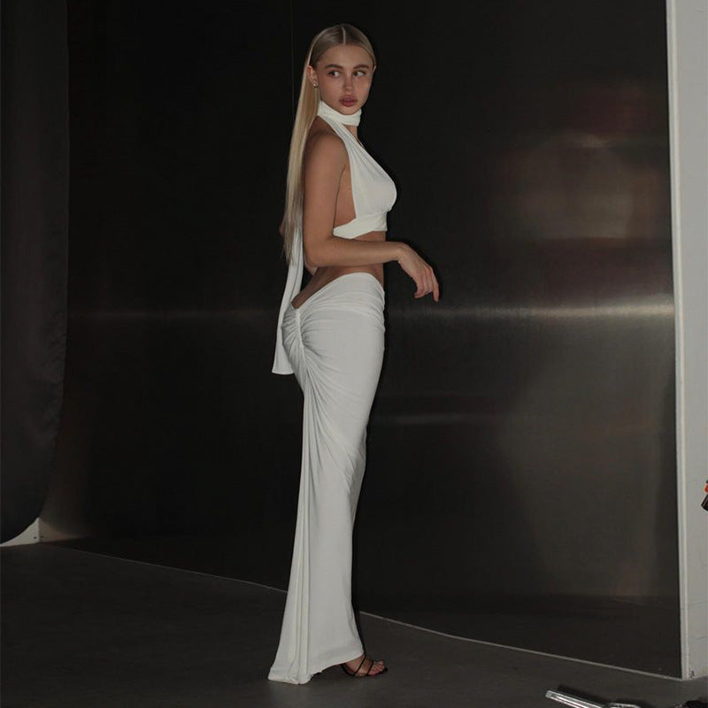 Womens White Two Piece Set | Halter Crop Top Low Waist Maxi Skirt V Neck | noémi