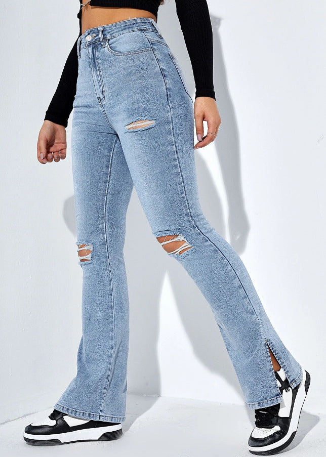 Ripped Flare Jeans | High Waisted Light Wash Denim with Knee Slits | noémi
