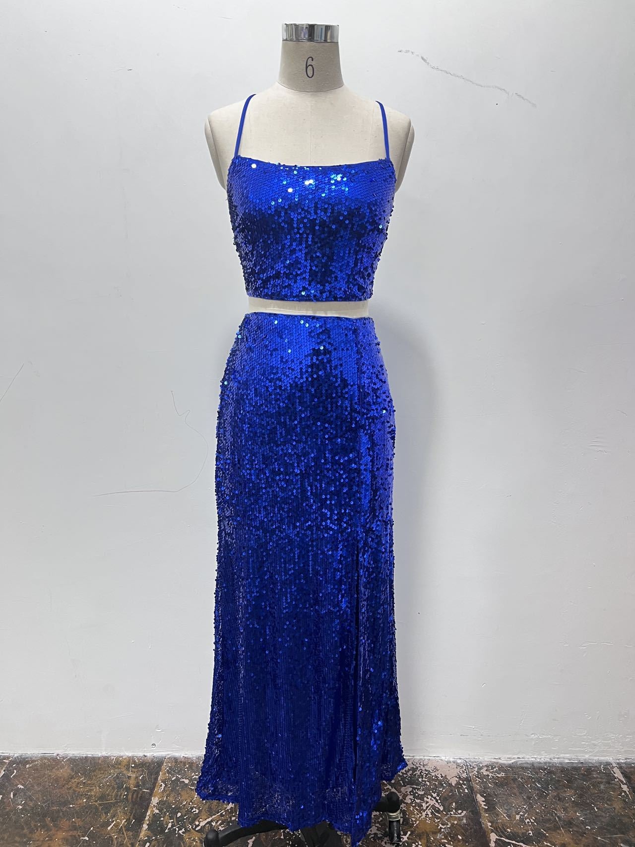 Women’s Sequin Two Piece Set | Lace Up Back Crop Top & Long Skirt | noémi