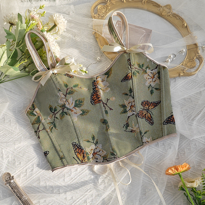 Floral Print Bow Shoulder Strap Corset Vest with Fitted Silhouette | noémi