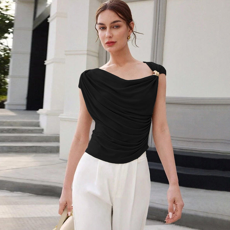 Diagonal Drape Sleeveless Top | Slim Fit & Ruched Design | noémi