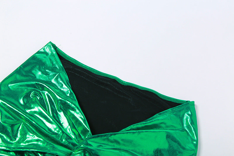 Womens Metallic One Shoulder Top Skirt Set | Coated Fabric Two Piece Outfit | noémi