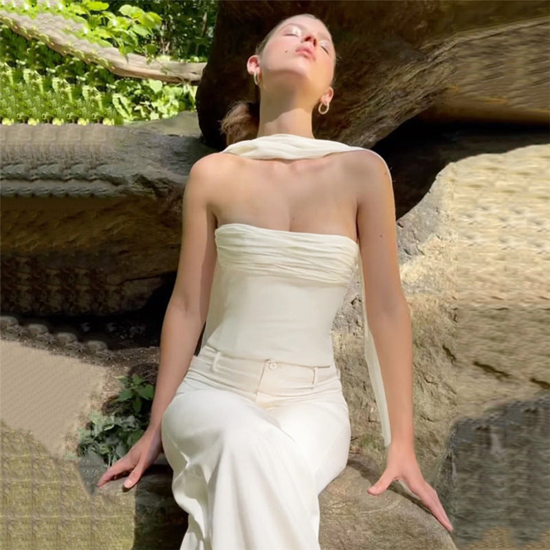 Off Shoulder Slim Fit Cropped Vest | White Chiffon & Tube Top | noémi