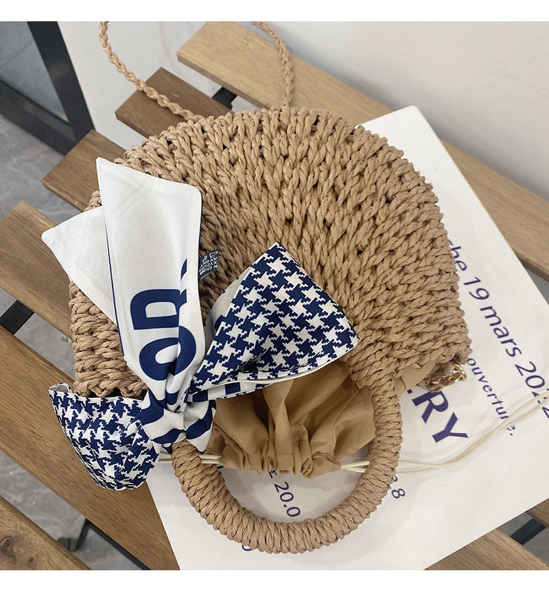 Straw Crossbody Bag with Plaid Scarf | Stylish Woven Summer Beach Bag | noémi