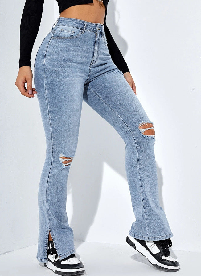 Ripped Flare Jeans | High Waisted Light Wash Denim with Knee Slits | noémi