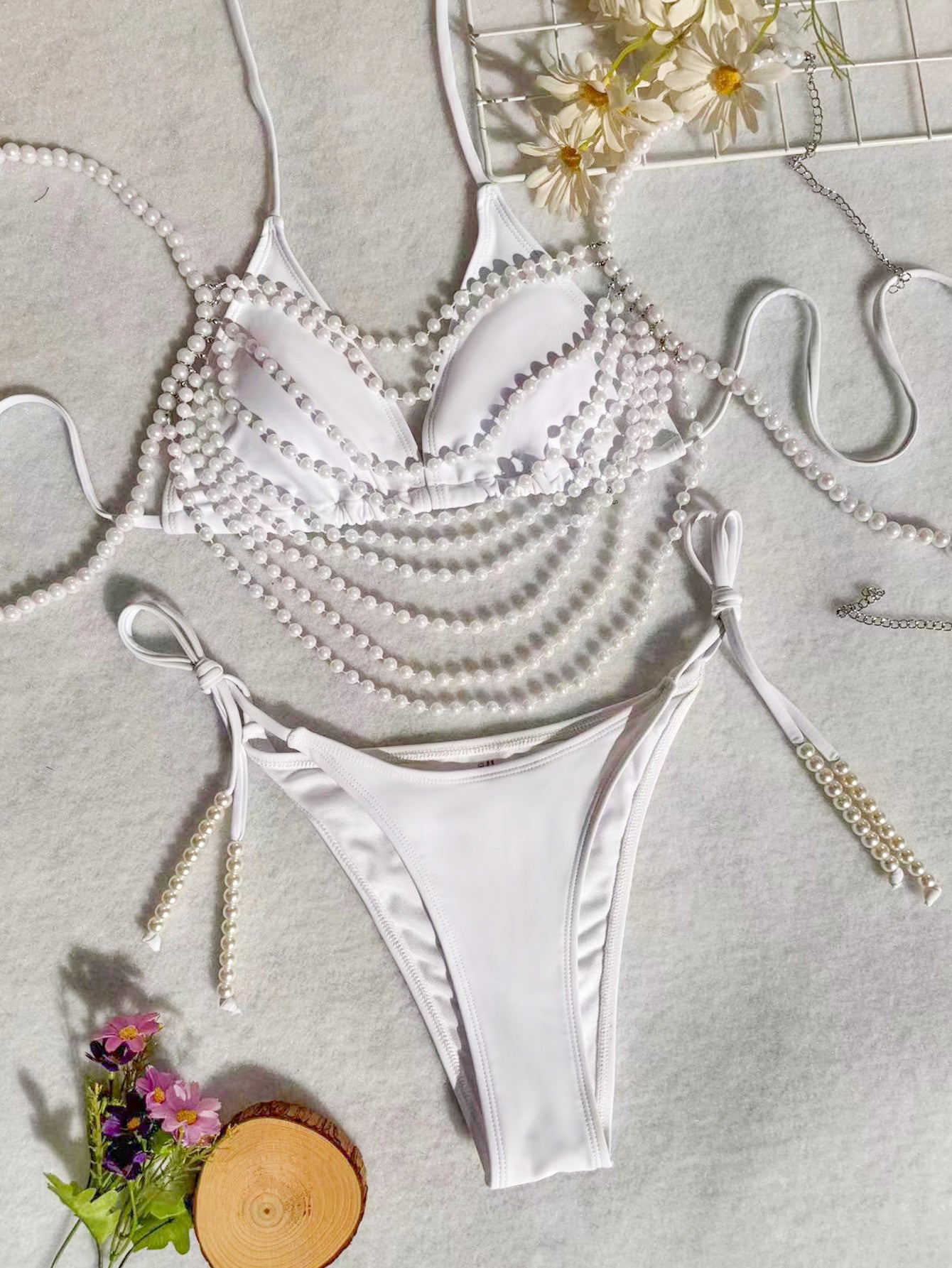 Pearl Chain Bikini | White Swimsuit with Drape Beads, Two-Piece Split Design | noémi