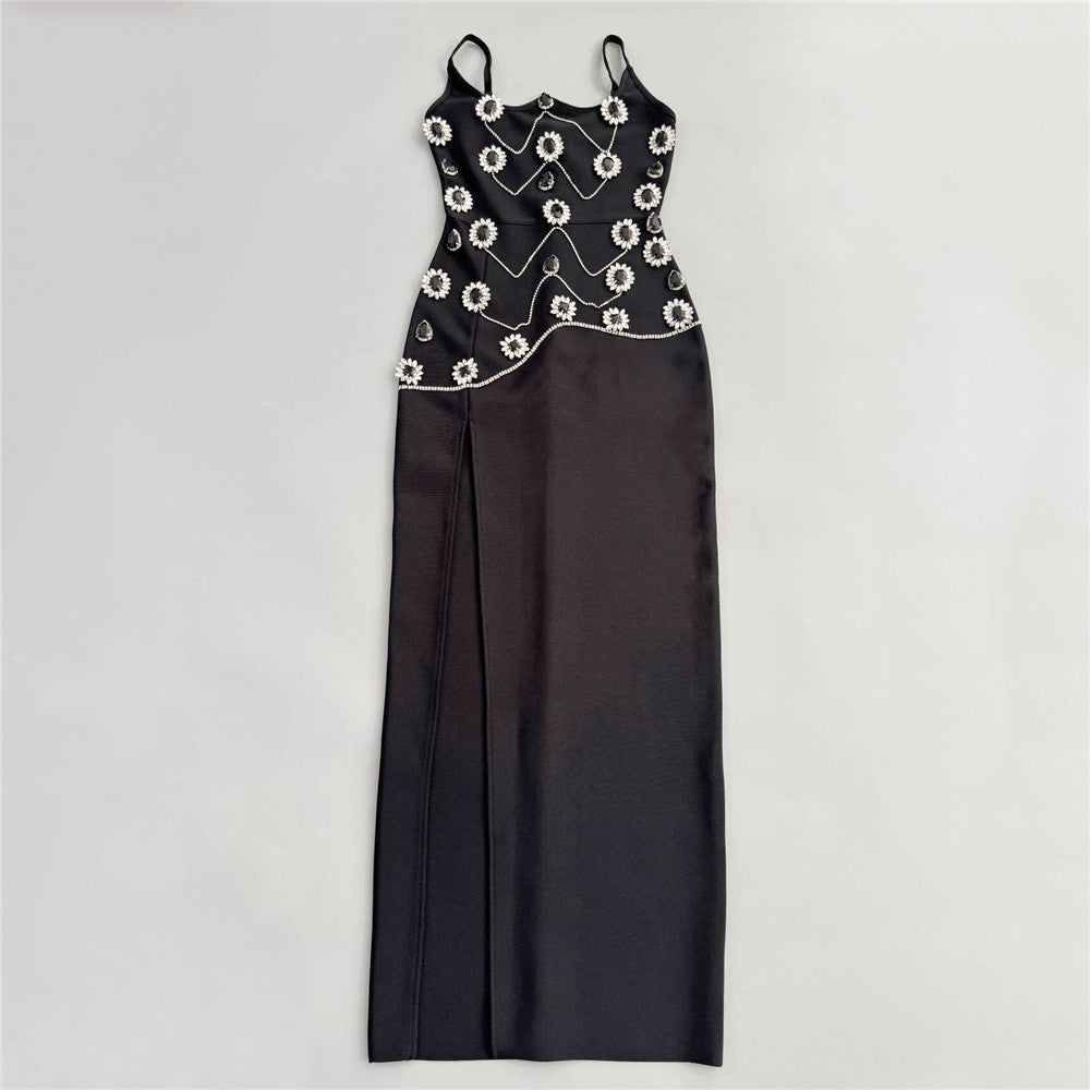 Black Daisy Beaded Maxi Dress | Floral Crystal Embellished Gown with Side Slit | noémi