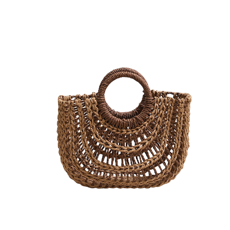 Straw Half-Moon Tote Bag – Hollow-Out Weave, Round Handle, Natural/Coffee | noémi