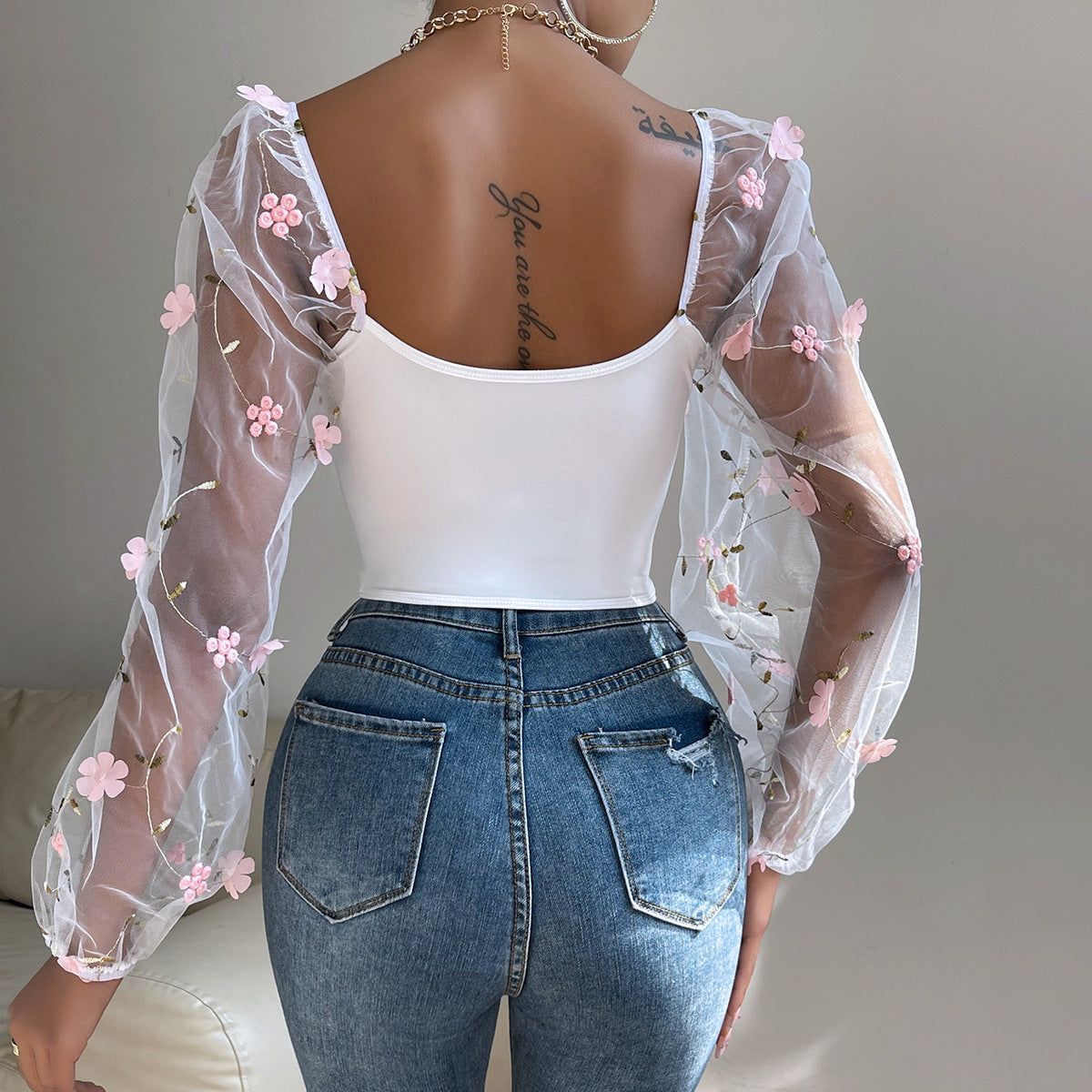 Floral Embroidered Mesh Corset Top | Sheer Long Sleeve Boned Bra | noémi
