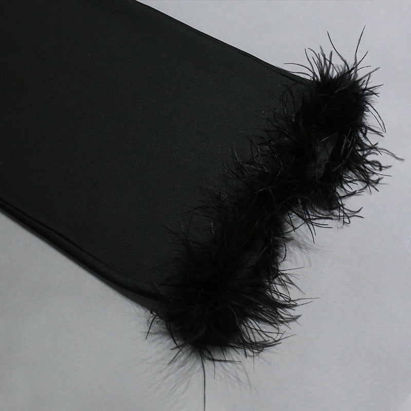 Women Tube Top Long Dress with Feather Trim and Bandage Fit | noémi