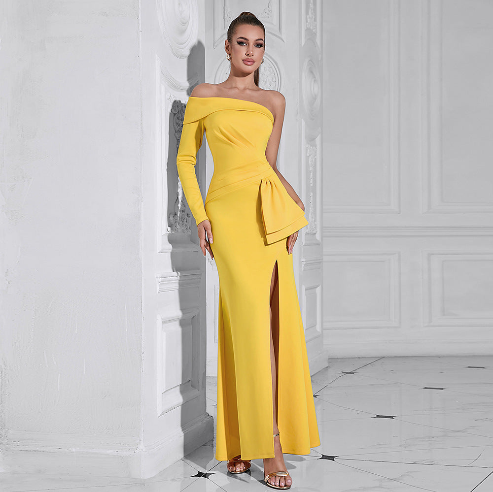 One Shoulder Diagonal Collar Split Hem Bodycon Dress | noémi