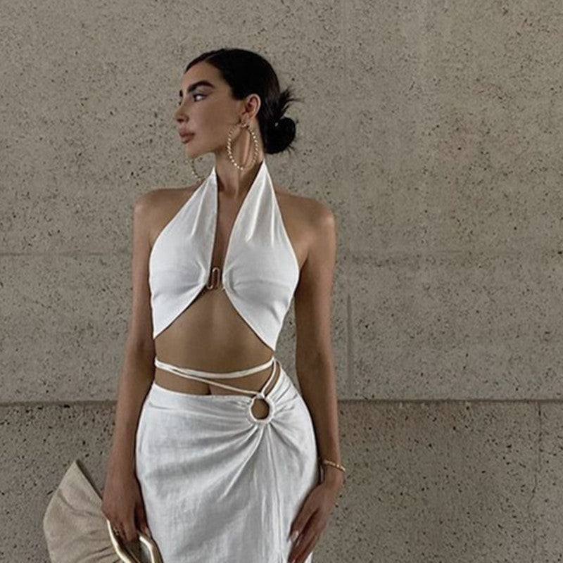 Halter Crop Top | V Neck, Backless, Ring Detail, White Beachwear Vest | noémi
