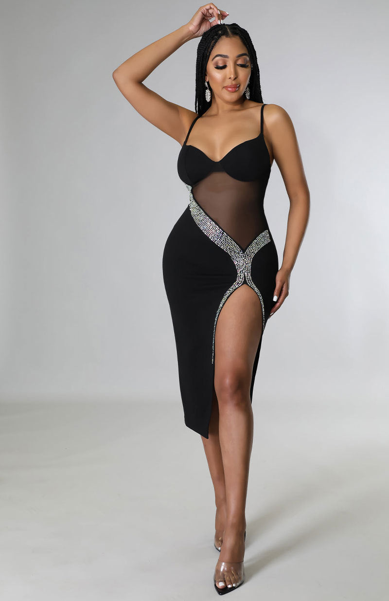 Faux Fur Trim Mid Length Rhinestone Strap Dress | noémi