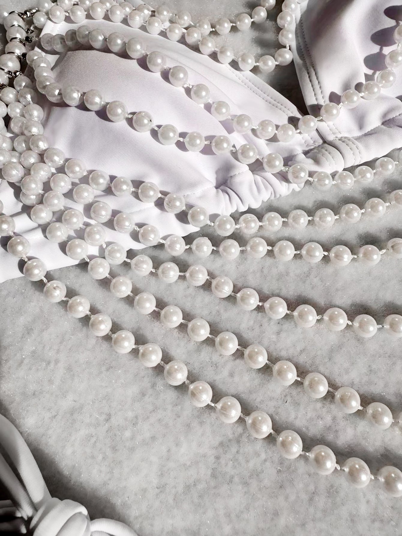 Pearl Chain Bikini | White Swimsuit with Drape Beads, Two-Piece Split Design | noémi
