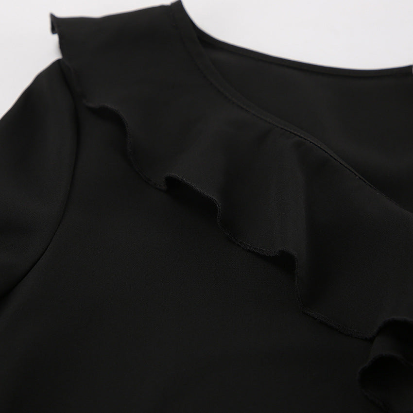Black V Neck Chiffon Blouse for Women | Sheer Long Sleeve with Ruffle Detail | noémi