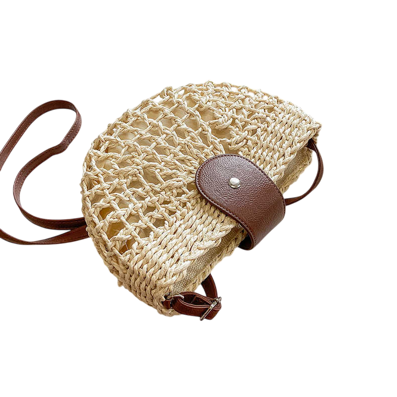 Straw Half-Moon Crossbody Bag – Hollow-Out Woven, Brown | noémi