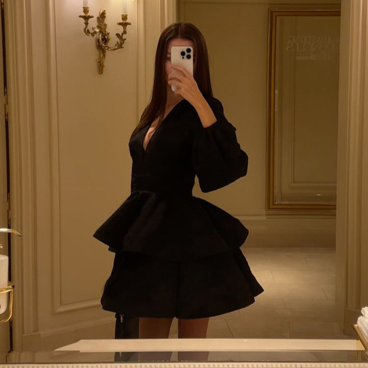 Women’s Black Puff Sleeve VNeck ALine Dress | Waist Controlling Tiered Mini Dress | noémi