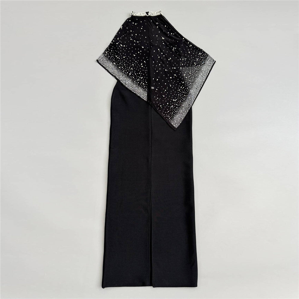 Black Pearl Cape Gown | Strapless Fitted Maxi Dress with Detachable Sheer Overlay | noémi