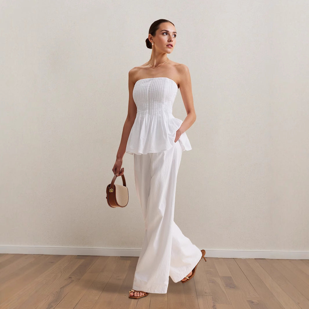 2 Piece White Tube Top & Trousers Set | Strapless Peplum Top | Wide Leg Pants | noémi