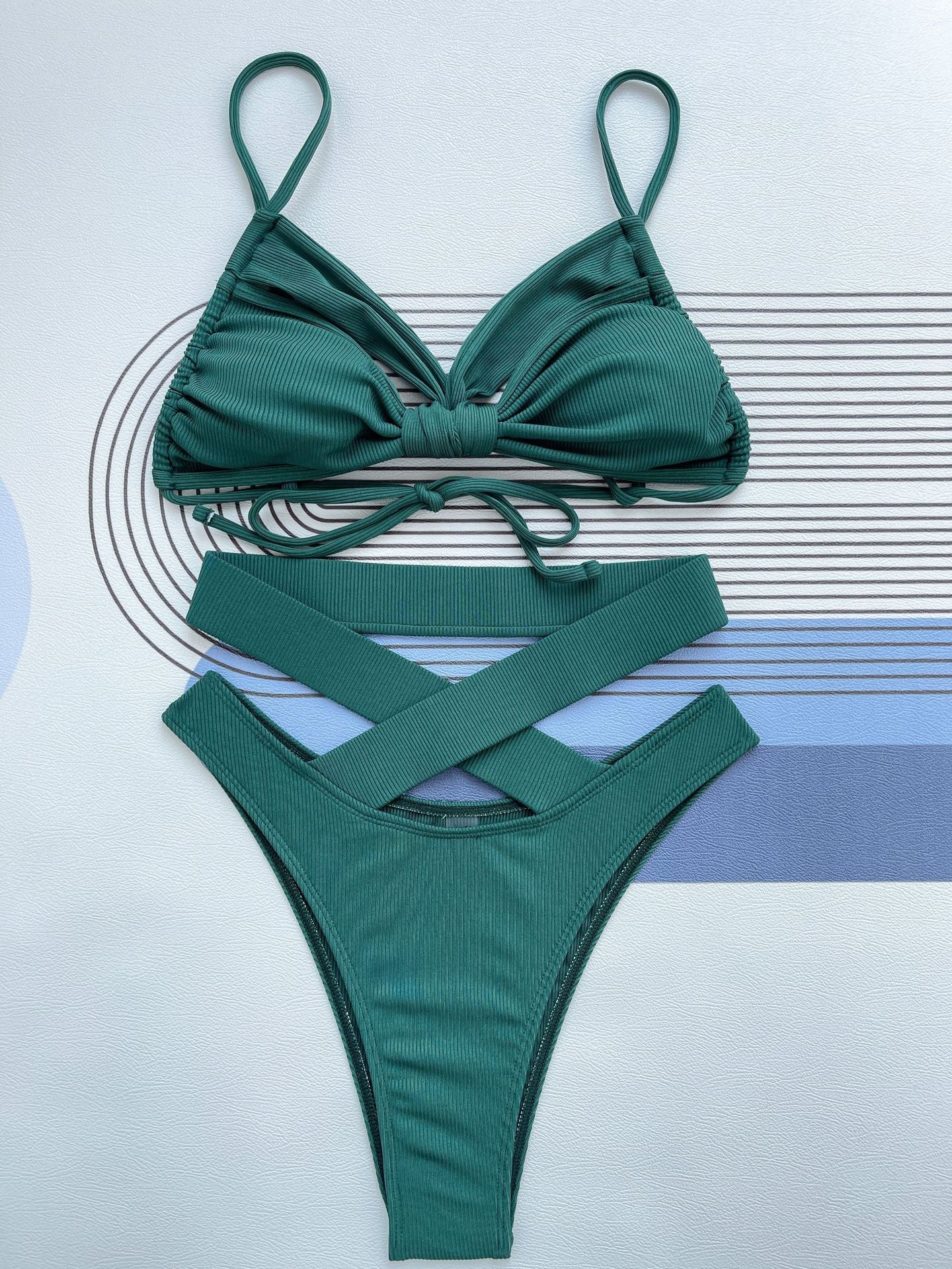 Sunken Stripe Detail Bikini Swimsuit in Solid Color | noémi