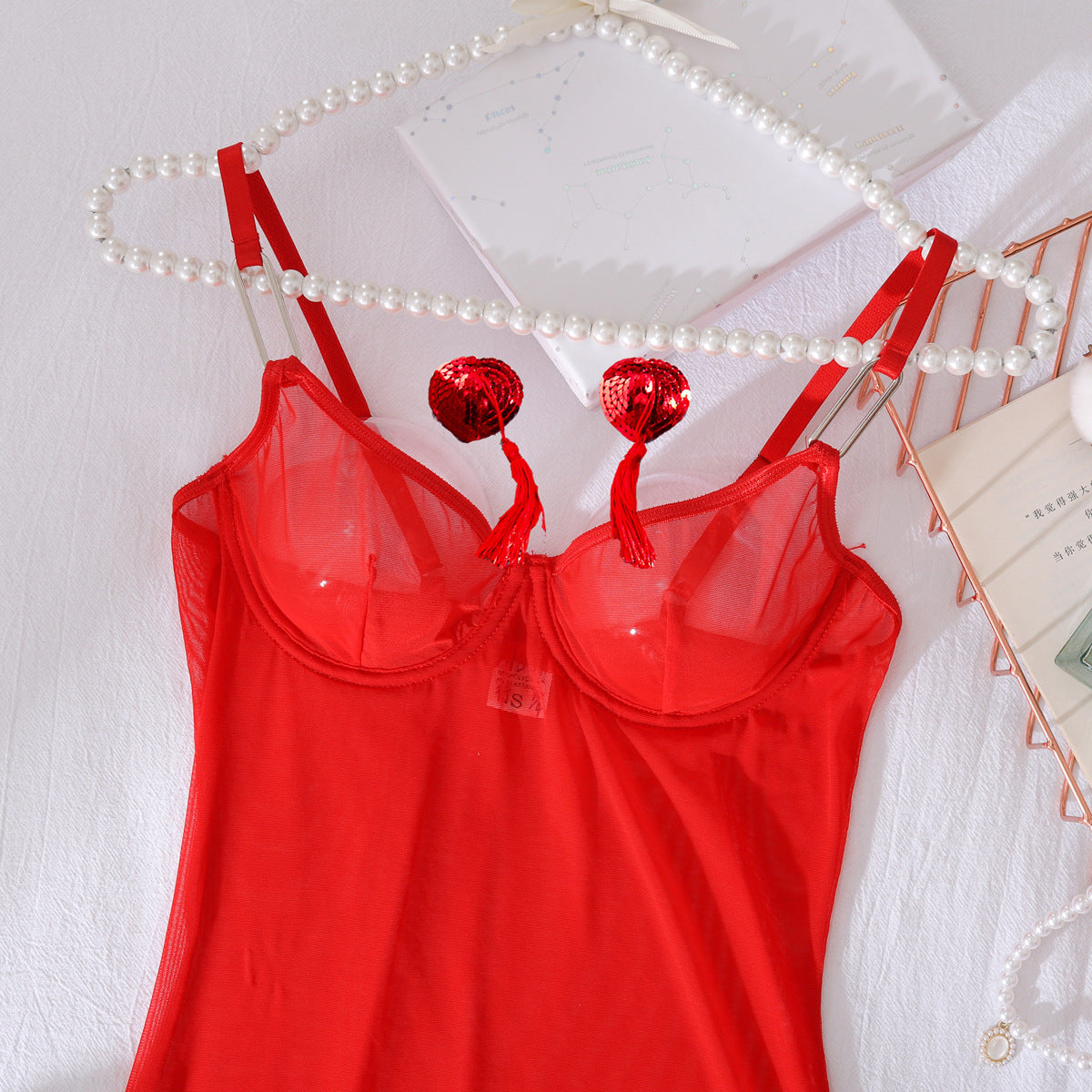 Womens Red Mesh Nightdress with Chest Patch Body Shaping and Steel Ring Details | noémi