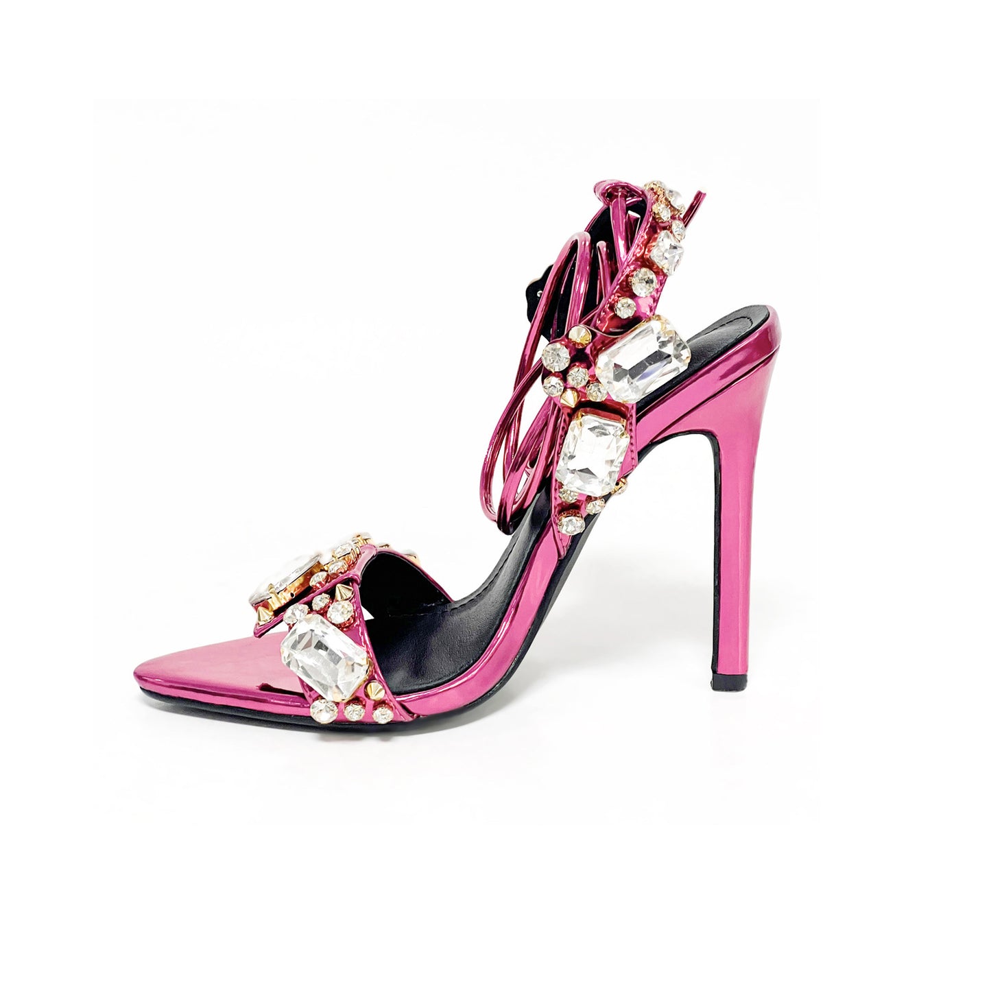 Crystal Embellished Metallic Heels | 11cm Rhinestone Lace Up High Heels | Pointed & Open Toe Sandals | noémi