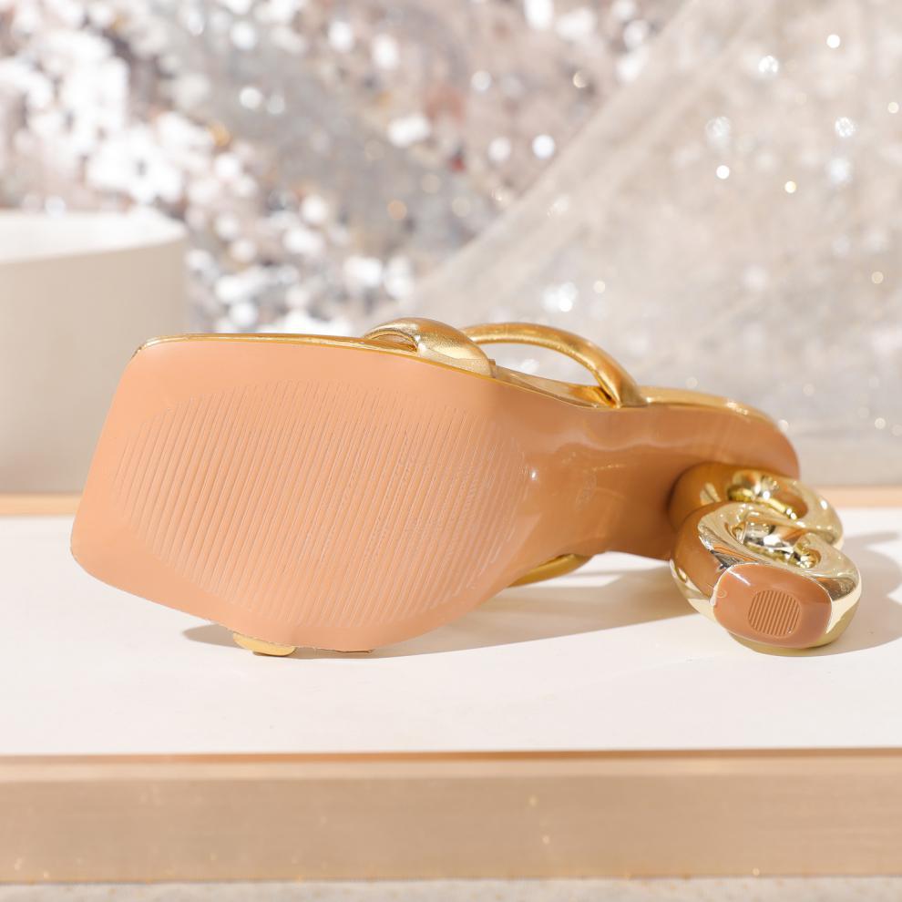 Gold Sculptural Heel Sandals | High Heels with Geometric Chain Heel | noémi