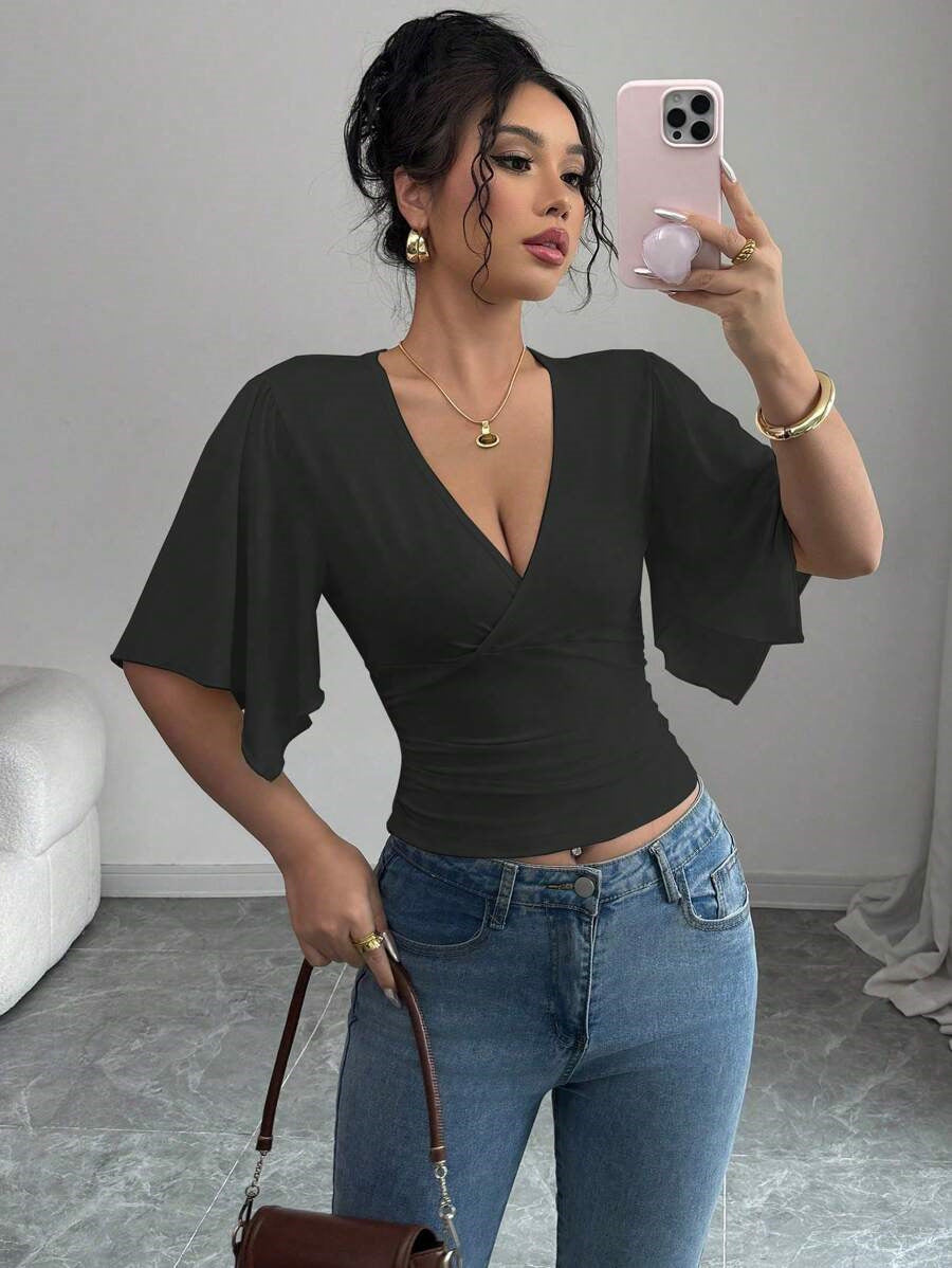 Pleated Pullover Bell Sleeve Solid Color TShirt | Women's Slim Fit VNeck Wrap Top | noémi