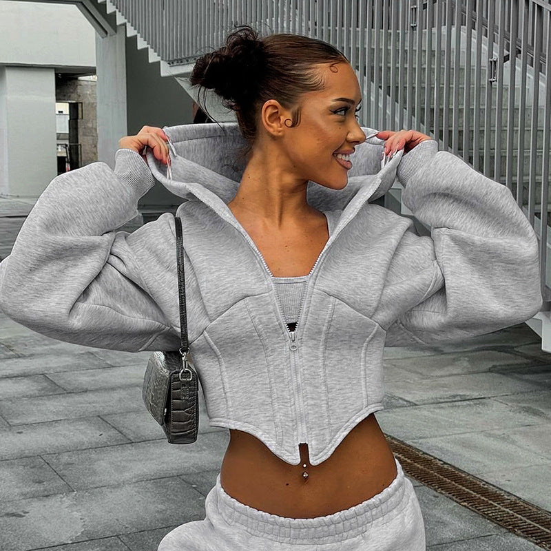 Womens Cropped Zip Hoodie | Fleece Lined, Corset Style Waist Hooded Jacket | noémi