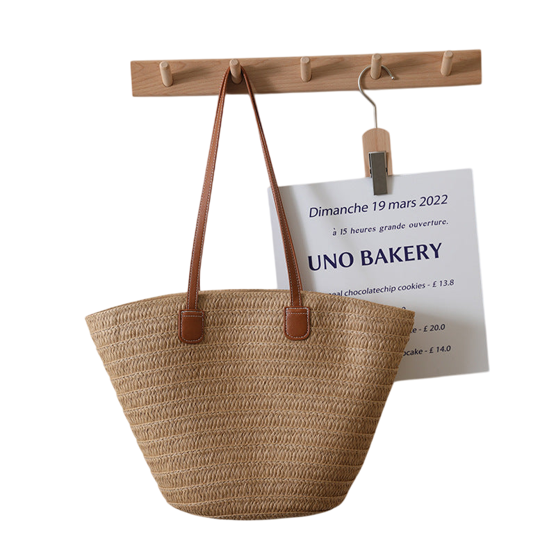 Large-Capacity Straw Shoulder Tote Bag – Hand-Woven Brown, Beach Ready | noémi