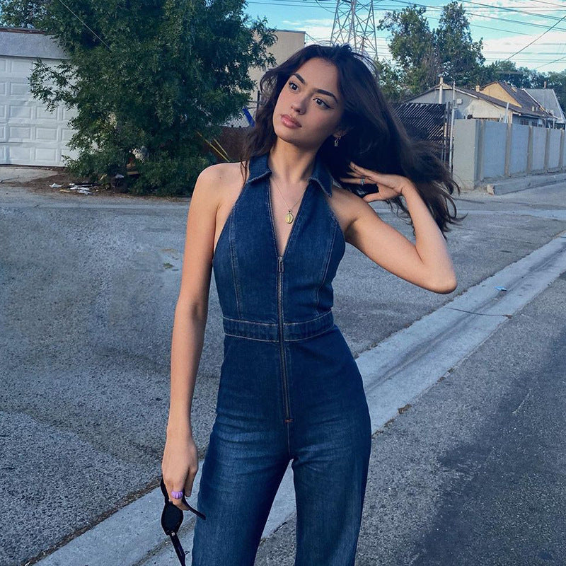Women’s Sleeveless Denim Jumpsuit | Slim Fit, Zipper Front, High Waist, Flared Leg, Retro 70s VNeck One Piece | noémi