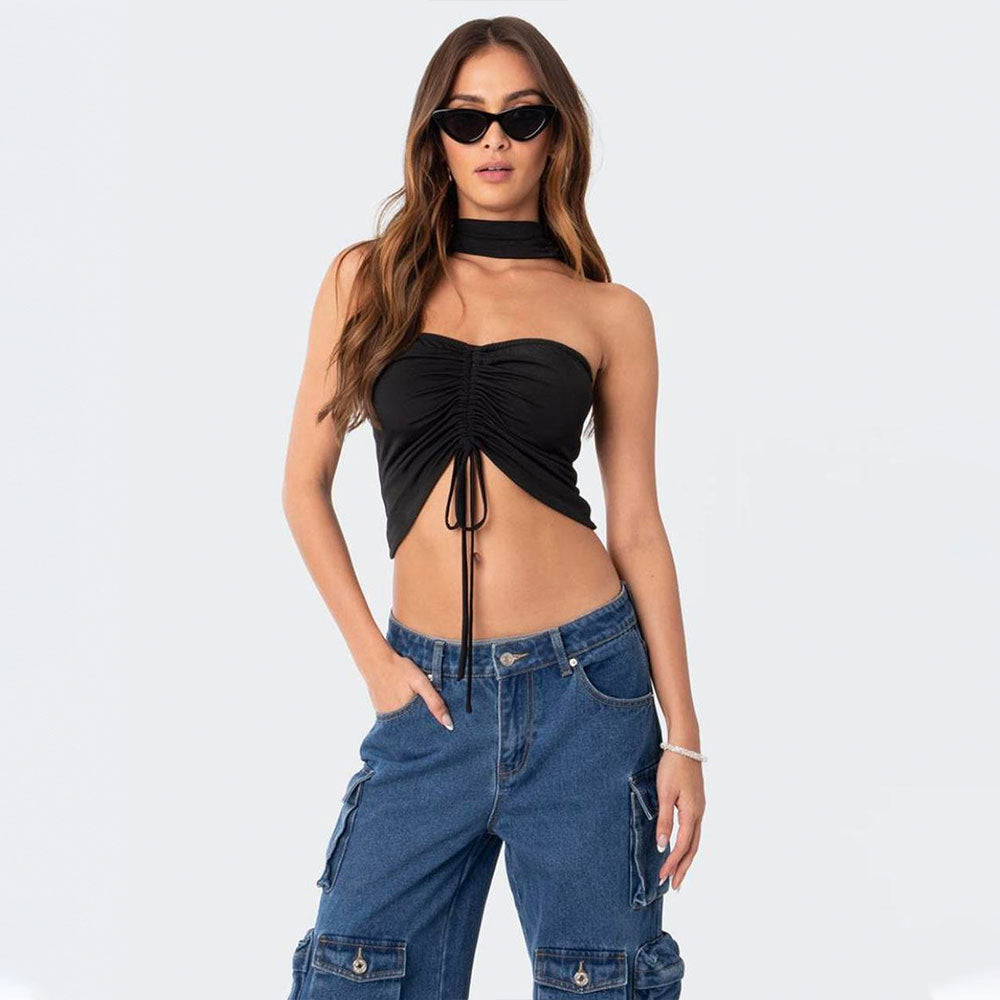 Womens Choker Tube Top | Ruched Front | Open Tie Waist | noémi