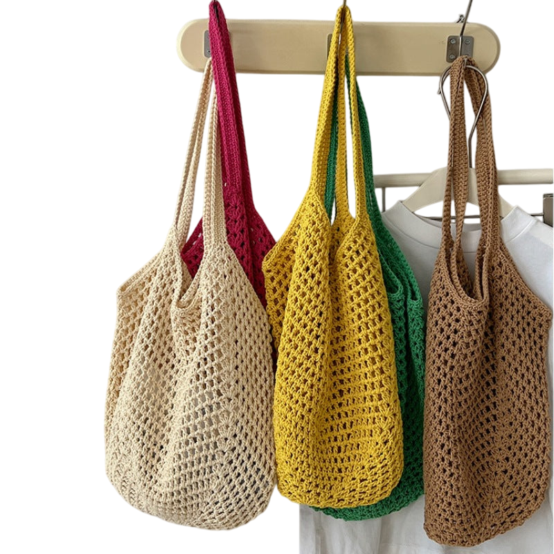 Cotton-Thread Woven Shoulder Tote Bag – Hollow-Out Large Capacity, Rose Red | noémi