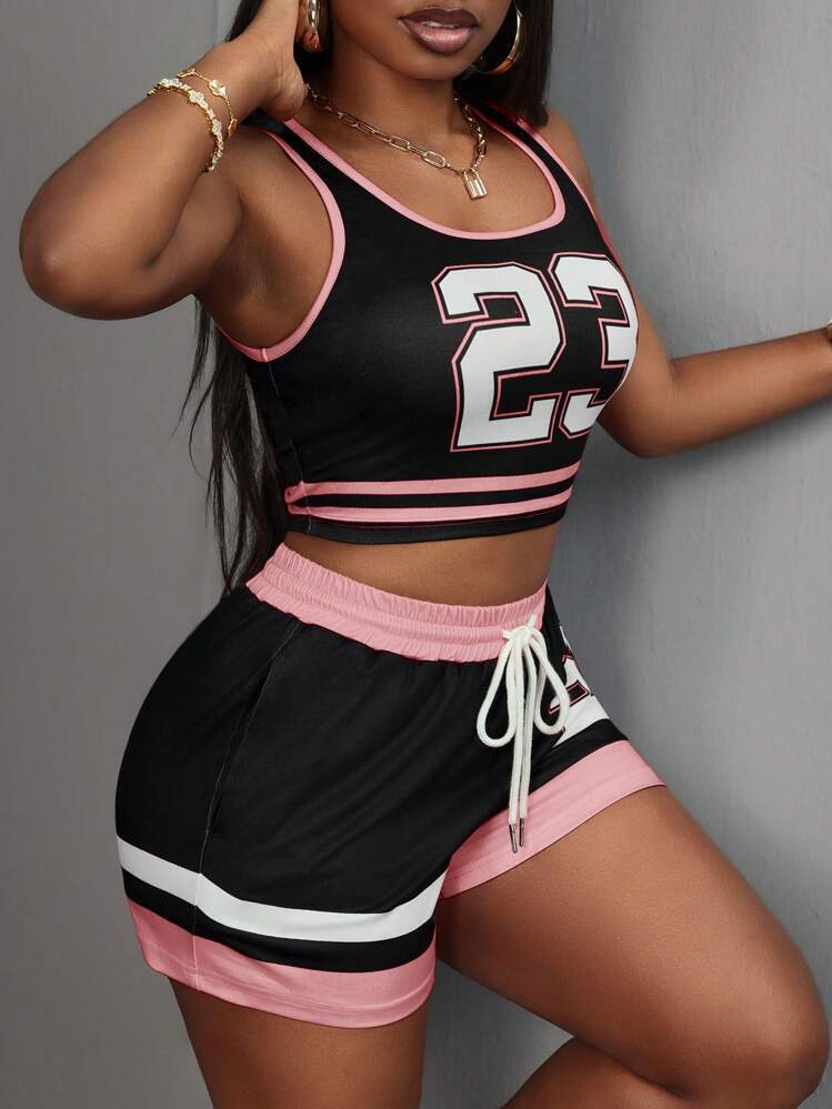 Color Contrast Printed Slim Fit Sexy Sports Vest & Drawstring Shorts Two Piece Set | noémi