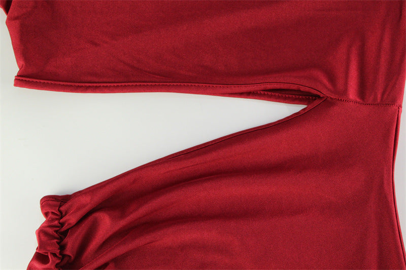 Red Cutout Dress for Women | Round Neck, Long Sleeve, High Slit, Retro Slim Fit | noémi