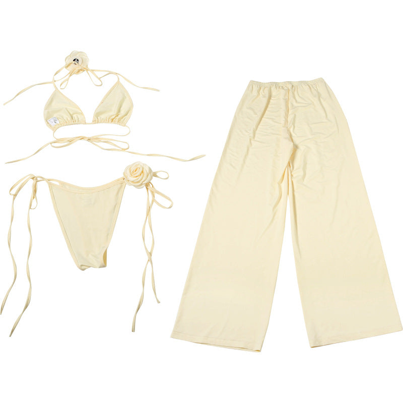 Three Piece Summer Set | Floral Appliqué Bralette, Tie Briefs & Wide Leg Pants | noémi