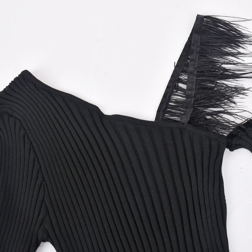 Hollow Out Furry Maxi Dress with Diagonal Collar and Cutout Detail | noémi