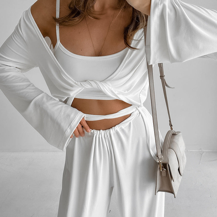 Three Piece Lounge Set for Women | Crop Top, Wrap Cardigan & Wide Leg Pants | noémi