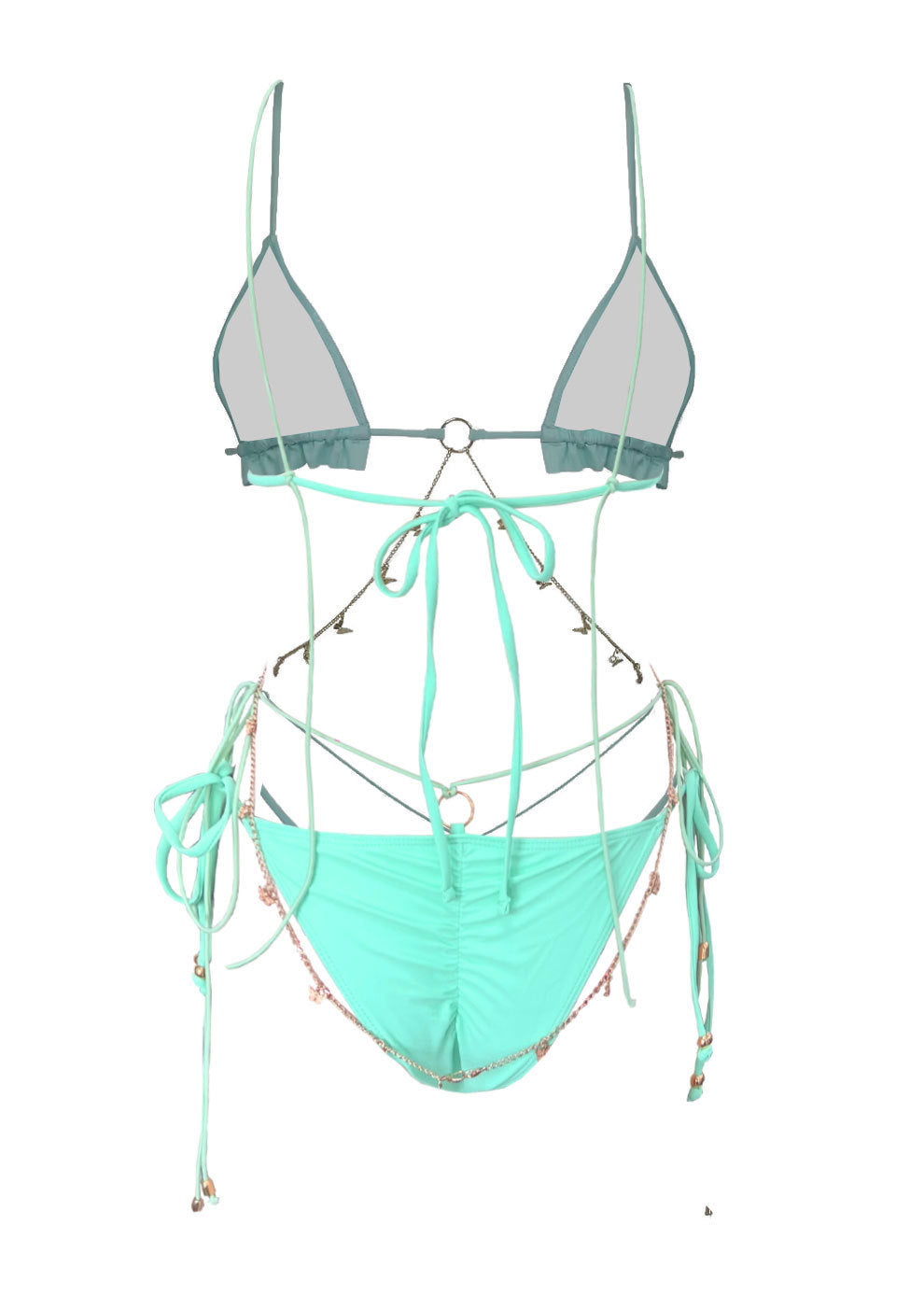 Solid Color Ruffle Chain Strap Three Piece Split Bikini Swimsuit | noémi